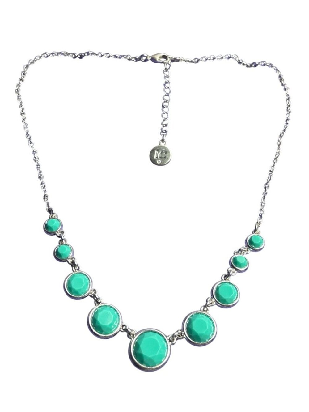 Liz Claiborne Green Plastic Rhinestone Necklace Silvertone Lobster Clasp